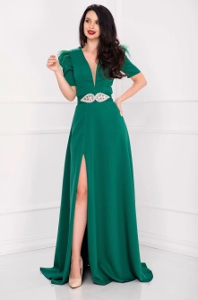 Rochie eleganta lunga Alissa verde cu crapatura pe picior si fulgi la umeri