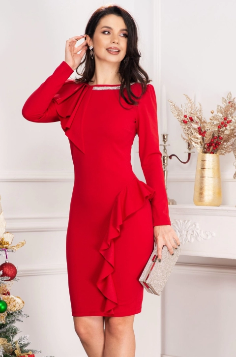 Rochie eleganta Mariel rosie cu volane si banda din strassuri