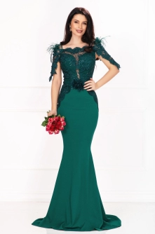 Rochie eleganta Pandora tip sirena verde cu broderie pretioasa si fulgi