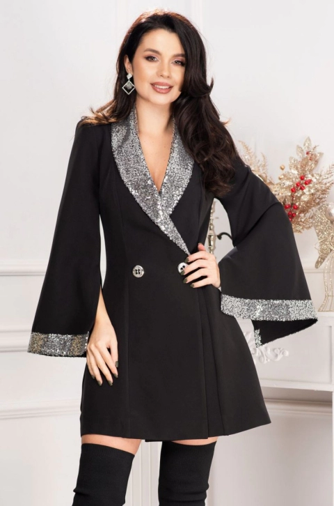 Rochie eleganta Stefany neagra cu guler si mansete din paiete argintii