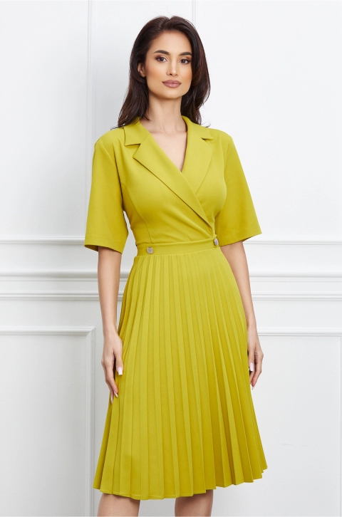 Rochie Eleonora verde lime cu fusta plisata