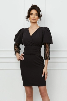Rochie Ella Collection Adonia neagra cu paiete la maneci si centura in talie