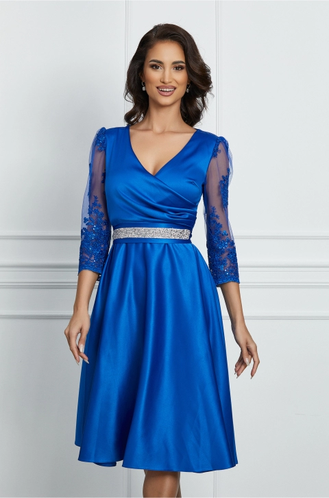 Rochie Ella Collection Adria albastra cu maneci din dantela si cordon in talie