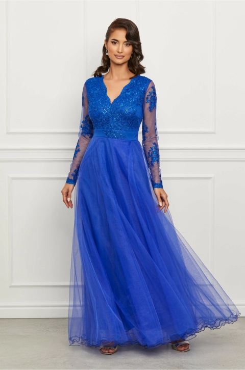 Rochie Ella Collection Alice albastra din tull cu broderie la bust