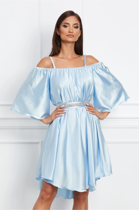 Rochie Ella Collection Amedeea bleu accesorizata cu un cordon cu strasuri in talie