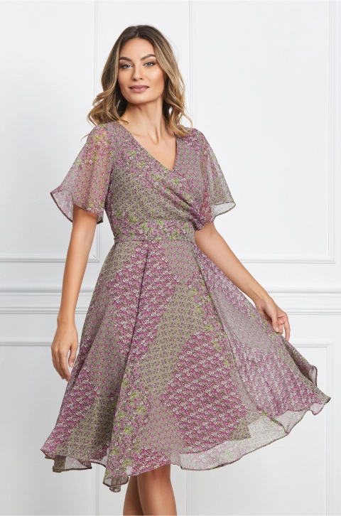 Rochie Ella Collection Amy din voal gri cu floricele mov si cordon in talie