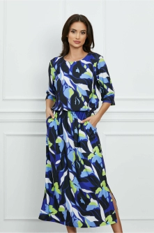 Rochie Erika neagra cu imprimeuri albastre si verde lime
