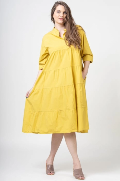 Rochie galbena oversize, cu trei volane , din poplin satinat