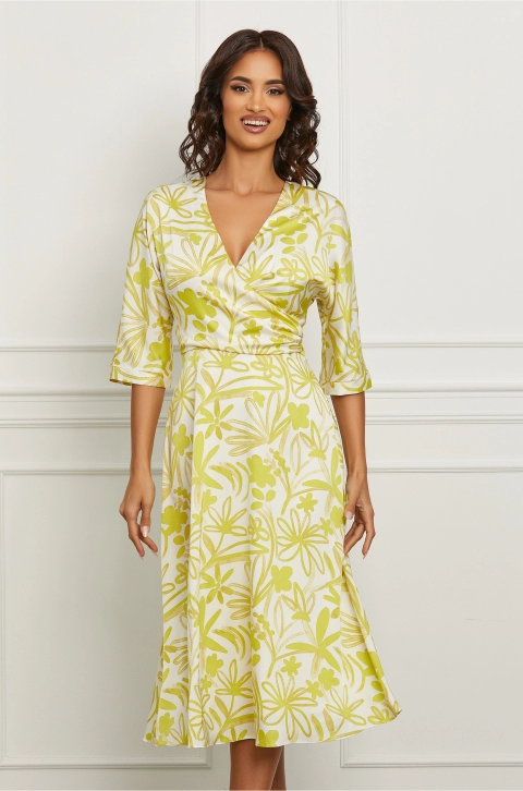 Rochie Ginette alba cu imprimeu floral galben