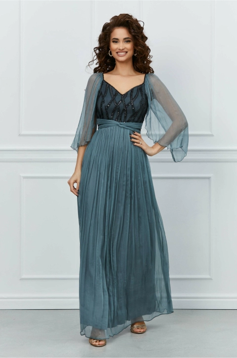 Rochie Ginette lunga gri petrol din matase