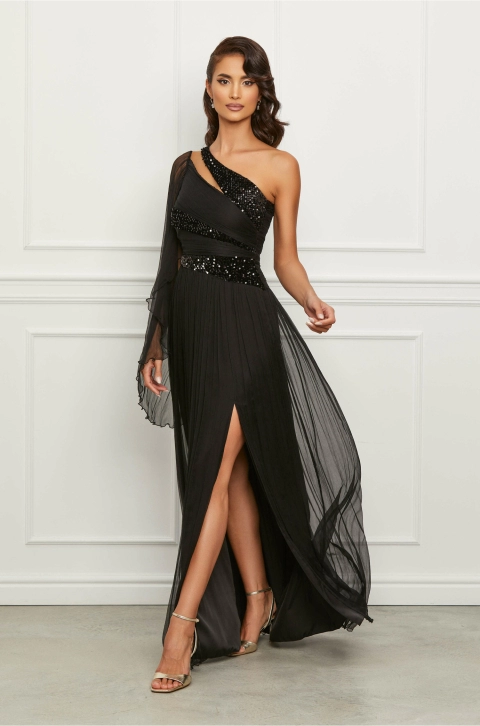 Rochie Ginette neagra din matase cu un umar gol