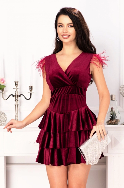 Rochie Gisella bordo in clos cu volane si fulgi la umeri