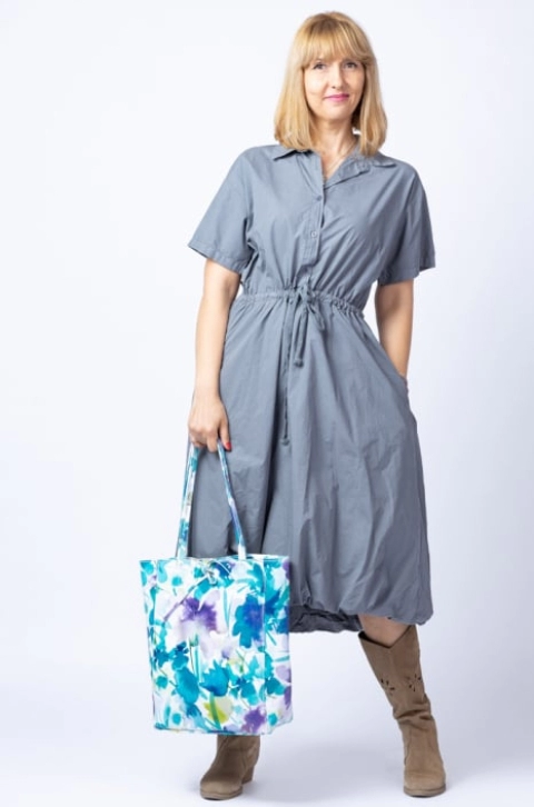 Rochie gogosar gri, cu guler camasa si maneci 3 4, din bumbac