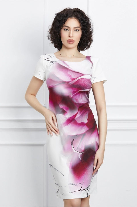 Rochie Iarina alba cu imprimeu magenta