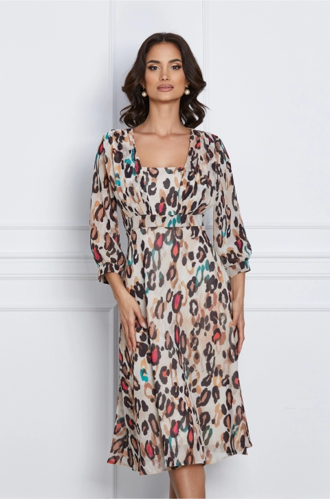 Rochie Ilaria bej cu animal print colorat