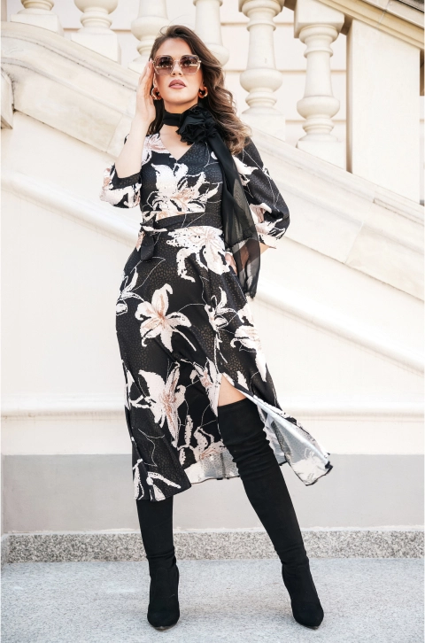 Rochie Ingrid neagra cu imprimeuri bej