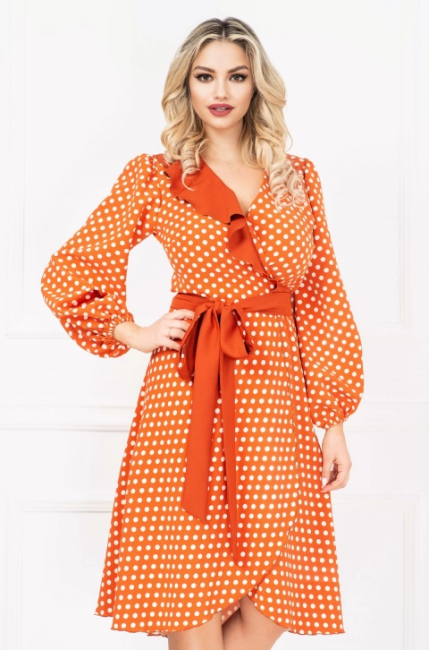 Rochie InPuff caramizie petrecuta in clos cu volan si buline ecru