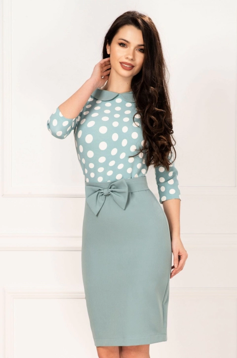 Rochie InPuff conica de zi turquoise cu buline si funda detasabila