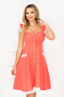 Rochie InPuff corai cu volanase la umeri si broderie aplicata