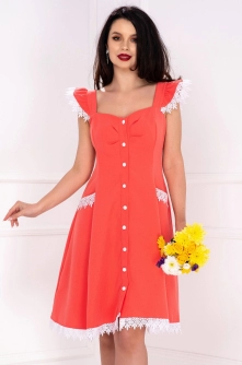 Rochie InPuff corai cu volanase la umeri si broderie aplicata