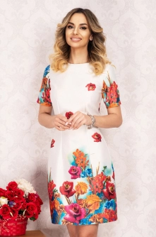 Rochie InPuff de zi din tafta ecru cu imprimeu floral deosebit