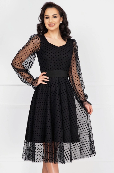Rochie InPuff eleganta de ocazie neagra acoperita de tulle cu buline