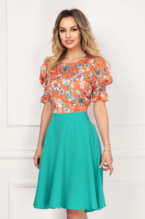 Rochie InPuff eleganta de zi bicolora cu maneci bufante si print floral