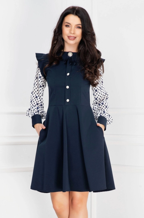 Rochie InPuff in clos bleumarin cu volane la umeri si maneci cu buline