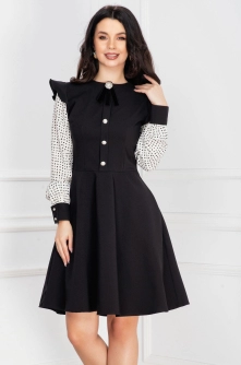 Rochie InPuff neagra in clos cu volane la umeri si print picatele pe maneci