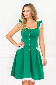 Rochie InPuff verde cu volanase la umeri si broderie aplicata