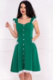 Rochie InPuff verde cu volanase la umeri si broderie aplicata