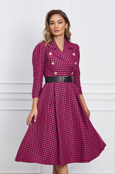 Rochie Iris fucsia cu imprimeu pepit si curea in talie