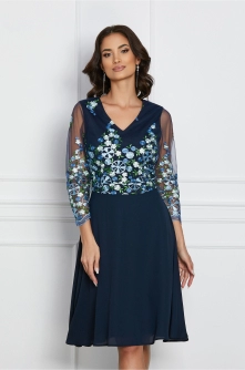 Rochie Karla bleumarin cu flori bleu pe bust