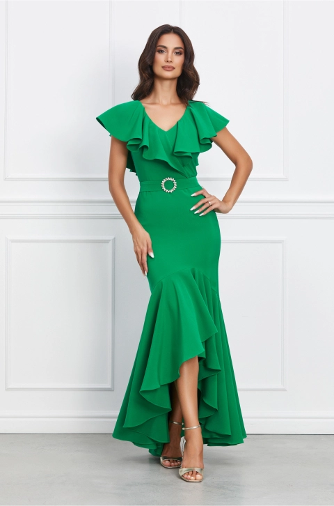 Rochie LaDonna lunga verde cu volan si cordon in talie