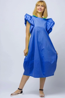 Rochie lalea din poplin albastru electric, cu maneci bufante ample