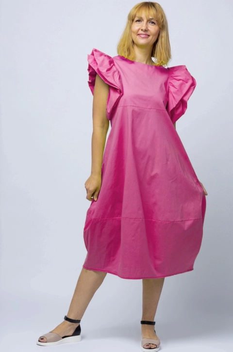Rochie lalea din poplin fucsia, cu maneci bufante ample