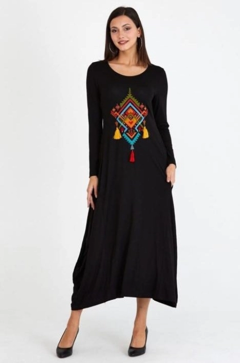 Rochie lalea in colturi, din tricot de vascoza, cu broderie Squares