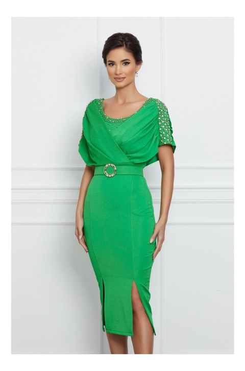 Rochie Larisa verde cu perlute si curea in talie
