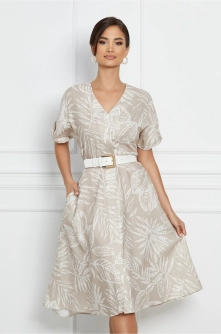 Rochie Larry bej cu frunze si curea in talie