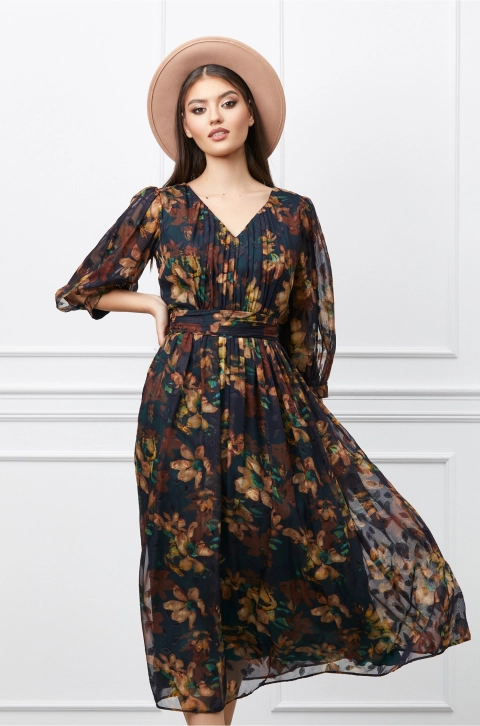 Rochie Leonard Collection bleumarin cu imprimeu maro