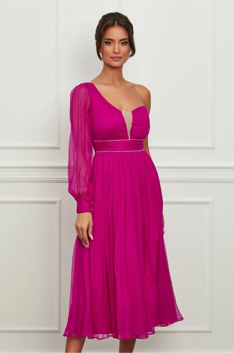 Rochie Leonard Collection fucsia din matase cu un umar gol