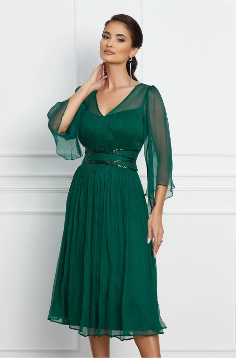 Rochie Leornard Collection verde inchis din matase cu paiete in talie