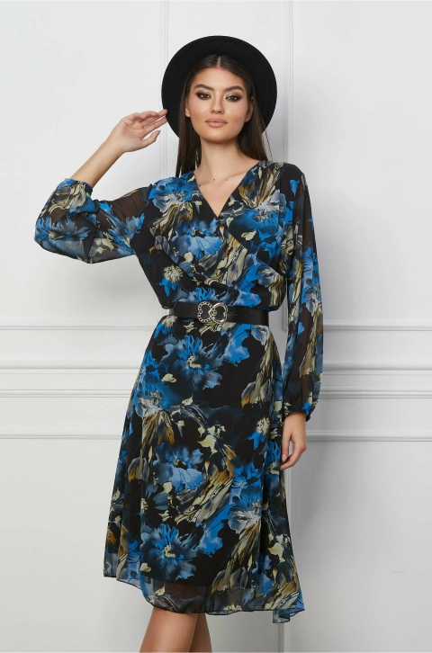 Rochie Loredana neagra cu imprimeu albastru si curea in talie