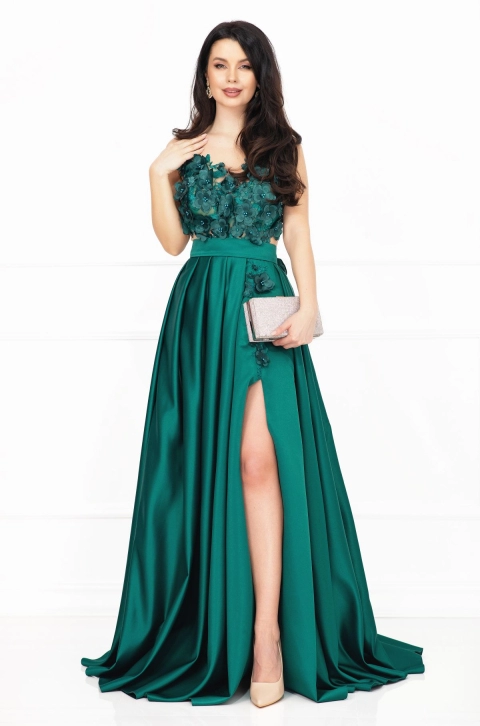 Rochie lunga Beatrice verde de lux tip printesa din tafta cu flori 3D