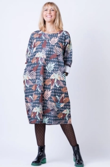 Rochie lunga din catifea reiata cu imprimeu frunze turcoaz-caramiziu