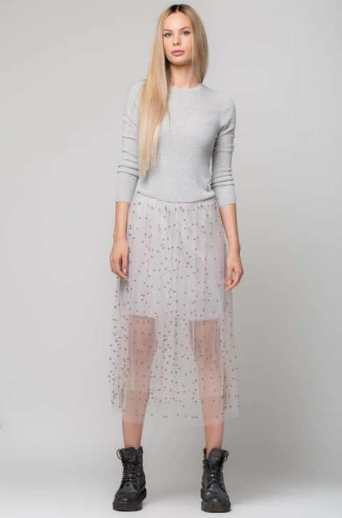 Rochie lunga din jerse gri cu tulle si perlute