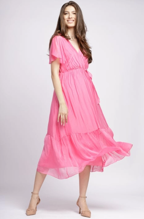 Rochie lunga din matase naturala cu bust petrecut, roz