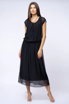 Rochie lunga din matase naturala neagra, cu snur in talie
