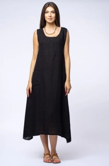 Rochie lunga in colturi, din in, neagra, cu nasture pe spate