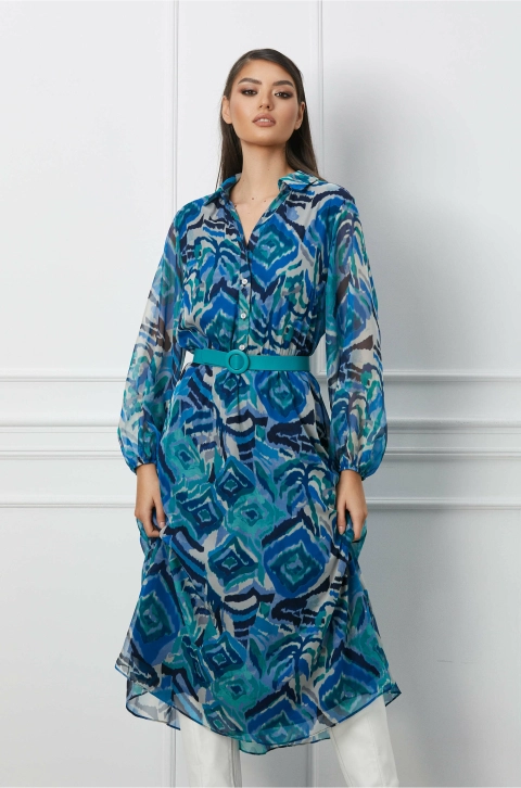 Rochie Madalina albastra din voal cu imprimeuri si curea in talie